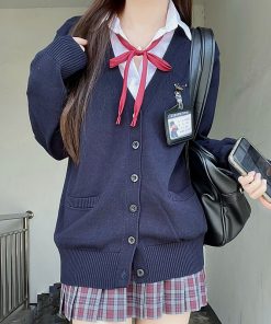 JK Uniform Long Sleeve Knitted Cardigan Sweater in Dark Gray and Yellow - College Style Pudding Bear 2025 Fashion