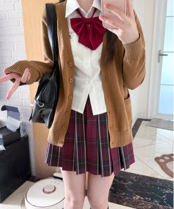 JK Uniform Long Sleeve Knitted Cardigan Sweater in Dark Gray and Yellow - College Style Pudding Bear 2025 Fashion