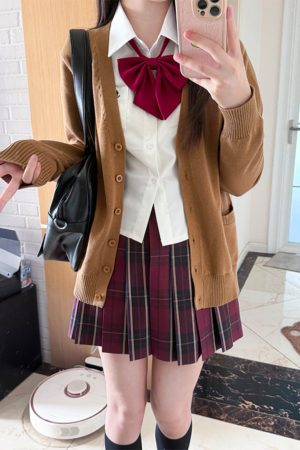 JK Uniform Long Sleeve Knitted Cardigan Sweater in Dark Gray and Yellow - College Style Pudding Bear 2025 Fashion