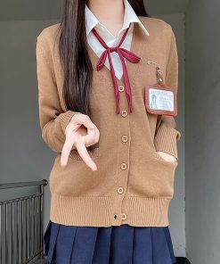 JK Uniform Long Sleeve Knitted Cardigan Sweater in Dark Gray and Yellow - College Style Pudding Bear 2025 Fashion