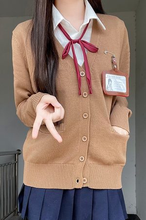 JK Uniform Long Sleeve Knitted Cardigan Sweater in Dark Gray and Yellow - College Style Pudding Bear 2025 Fashion