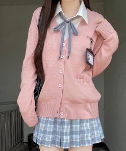 JK Uniform Long Sleeve Knitted Cardigan Sweater in Dark Gray and Yellow - College Style Pudding Bear 2025 Fashion