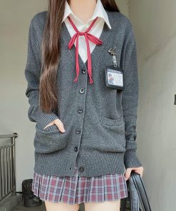 JK Uniform Long Sleeve Knitted Cardigan Sweater in Dark Gray and Yellow - College Style Pudding Bear 2025 Fashion