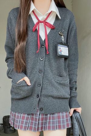 JK Uniform Long Sleeve Knitted Cardigan Sweater in Dark Gray and Yellow - College Style Pudding Bear 2025 Fashion