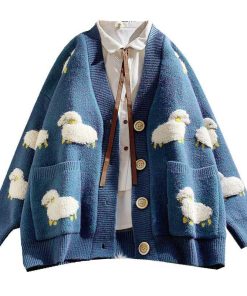 Kawaii Clothes, Rok Outfit - Sheep Embroidery Knitted Cardigan