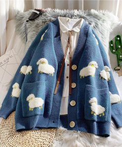 Kawaii Clothes, Rok Outfit - Sheep Embroidery Knitted Cardigan