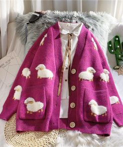 Kawaii Clothes, Rok Outfit - Sheep Embroidery Knitted Cardigan