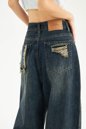 Kawaii Fashion, Pretty Outfits - Distressed Pockets Wide Leg Baggy Jeans