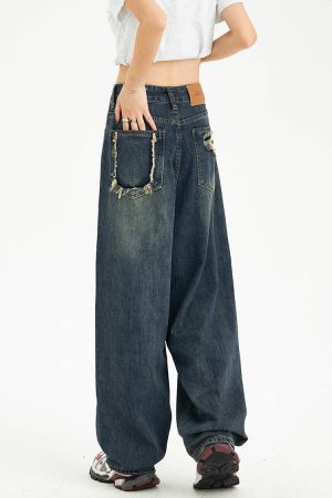 Kawaii Fashion, Pretty Outfits - Distressed Pockets Wide Leg Baggy Jeans