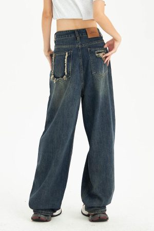 Kawaii Fashion, Pretty Outfits - Distressed Pockets Wide Leg Baggy Jeans