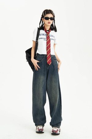 Kawaii Fashion, Pretty Outfits - Distressed Pockets Wide Leg Baggy Jeans