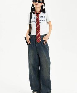 Kawaii Fashion, Pretty Outfits - Distressed Pockets Wide Leg Baggy Jeans