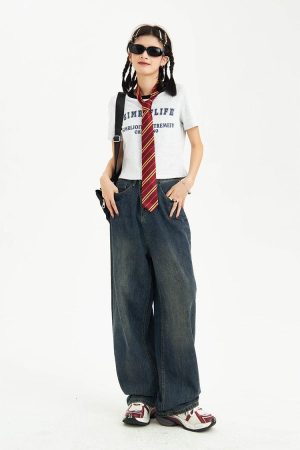 Kawaii Fashion, Pretty Outfits - Distressed Pockets Wide Leg Baggy Jeans