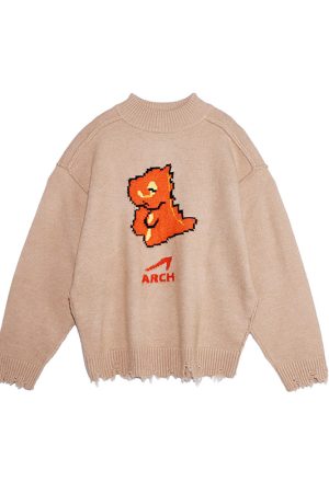 Khaki Black Little Dinosaur Destruction Sweater - Trendy Y2K Style Knit Pullover for Casual Chic Looks