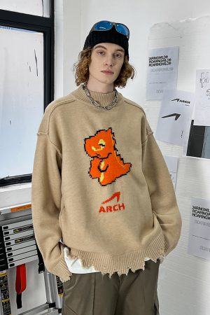 Khaki Black Little Dinosaur Destruction Sweater - Trendy Y2K Style Knit Pullover for Casual Chic Looks