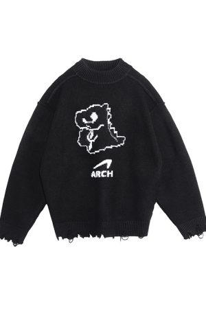 Khaki Black Little Dinosaur Destruction Sweater - Trendy Y2K Style Knit Pullover for Casual Chic Looks