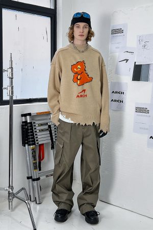 Khaki Black Little Dinosaur Destruction Sweater - Trendy Y2K Style Knit Pullover for Casual Chic Looks