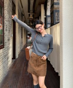 Khaki Chenille Mini Skirt for Women - High-Waisted Slim A-Line Style for Spring Fashion, Trendy Bodycon Look