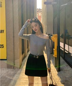 Khaki Chenille Mini Skirt for Women - High-Waisted Slim A-Line Style for Spring Fashion, Trendy Bodycon Look