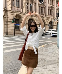 Khaki Chenille Mini Skirt for Women - High-Waisted Slim A-Line Style for Spring Fashion, Trendy Bodycon Look