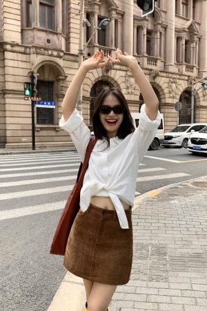 Khaki Chenille Mini Skirt for Women - High-Waisted Slim A-Line Style for Spring Fashion, Trendy Bodycon Look