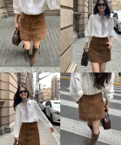 Khaki Chenille Mini Skirt for Women - High-Waisted Slim A-Line Style for Spring Fashion, Trendy Bodycon Look