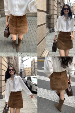 Khaki Chenille Mini Skirt for Women - High-Waisted Slim A-Line Style for Spring Fashion, Trendy Bodycon Look