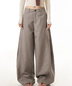 Khaki Curved Knife Straight Pants for Women - American Retro Loose Straight Leg Slimming Wide-Leg Trousers for Commuting