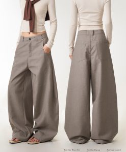 Khaki Curved Knife Straight Pants for Women - American Retro Loose Straight Leg Slimming Wide-Leg Trousers for Commuting