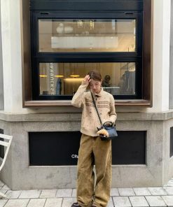 Khaki Fair Isle Jacquard Cardigan for Women - Retro Pumpkin Korean Niche Lazy-Style Knitted Outerwear