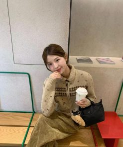 Khaki Fair Isle Jacquard Cardigan for Women - Retro Pumpkin Korean Niche Lazy-Style Knitted Outerwear