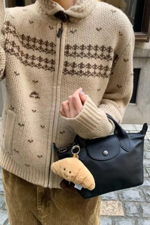 Khaki Fair Isle Jacquard Cardigan for Women - Retro Pumpkin Korean Niche Lazy-Style Knitted Outerwear