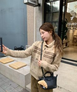 Khaki Fair Isle Jacquard Cardigan for Women - Retro Pumpkin Korean Niche Lazy-Style Knitted Outerwear