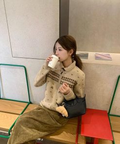 Khaki Fair Isle Jacquard Cardigan for Women - Retro Pumpkin Korean Niche Lazy-Style Knitted Outerwear