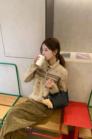 Khaki Fair Isle Jacquard Cardigan for Women - Retro Pumpkin Korean Niche Lazy-Style Knitted Outerwear