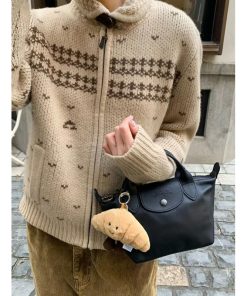 Khaki Fair Isle Jacquard Cardigan for Women - Retro Pumpkin Korean Niche Lazy-Style Knitted Outerwear