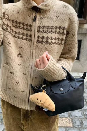 Khaki Fair Isle Jacquard Cardigan for Women - Retro Pumpkin Korean Niche Lazy-Style Knitted Outerwear