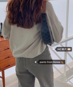 Khaki Green Retro Washed Straight-Leg Jeans with Bright Line Detail - Y2K Korean Style Fashion Essential