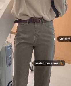 Khaki Green Retro Washed Straight-Leg Jeans with Bright Line Detail - Y2K Korean Style Fashion Essential