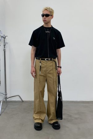 Khaki High-Waisted Structured Wide-Leg Casual Trousers - Trendy Y2K Style, Chic and Comfortable, Perfect for Everyday Wear