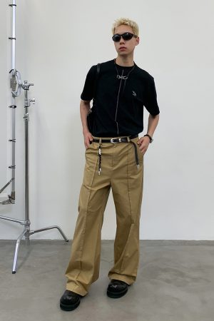 Khaki High-Waisted Structured Wide-Leg Casual Trousers - Trendy Y2K Style, Chic and Comfortable, Perfect for Everyday Wear