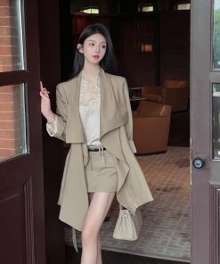 Khaki Mid-Length Trench Coat for Women - Casual British Style with Belt - Spring Fashion Essential