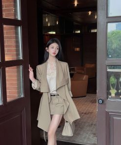 Khaki Mid-Length Trench Coat for Women - Casual British Style with Belt - Spring Fashion Essential
