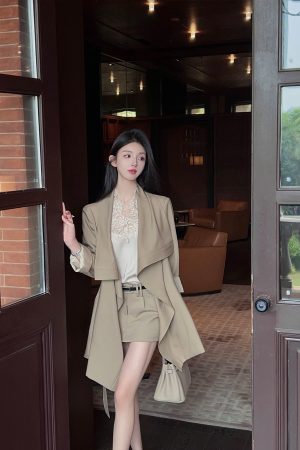 Khaki Mid-Length Trench Coat for Women - Casual British Style with Belt - Spring Fashion Essential