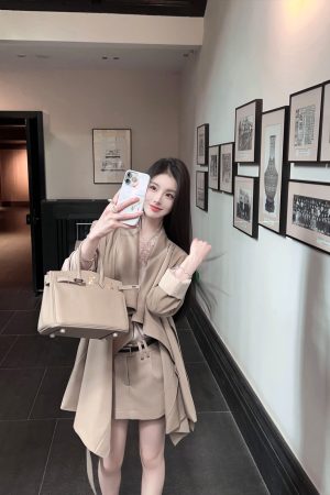 Khaki Mid-Length Trench Coat for Women - Casual British Style with Belt - Spring Fashion Essential