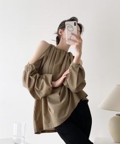 Khaki Off-Shoulder Long Sleeve Shirt for Women with Shoulder Cutouts, Trendy Sun Protection Top, French Style Fashion