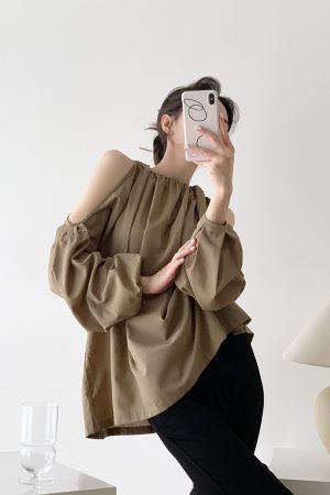 Khaki Off-Shoulder Long Sleeve Shirt for Women with Shoulder Cutouts, Trendy Sun Protection Top, French Style Fashion