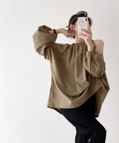 Khaki Off-Shoulder Long Sleeve Shirt for Women with Shoulder Cutouts, Trendy Sun Protection Top, French Style Fashion