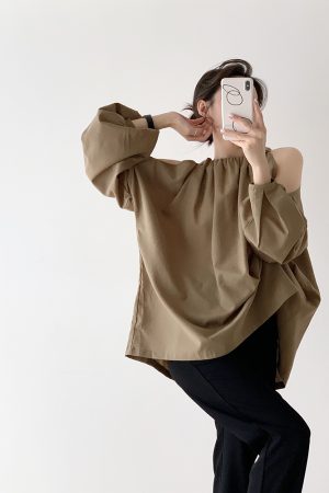 Khaki Off-Shoulder Long Sleeve Shirt for Women with Shoulder Cutouts, Trendy Sun Protection Top, French Style Fashion