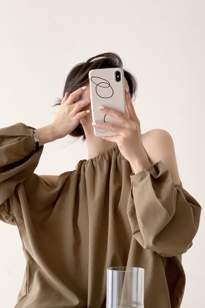 Khaki Off-Shoulder Long Sleeve Shirt for Women with Shoulder Cutouts, Trendy Sun Protection Top, French Style Fashion